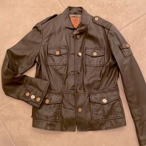 Tory Burch leather jacket with gold buttons with emblem on buttons.